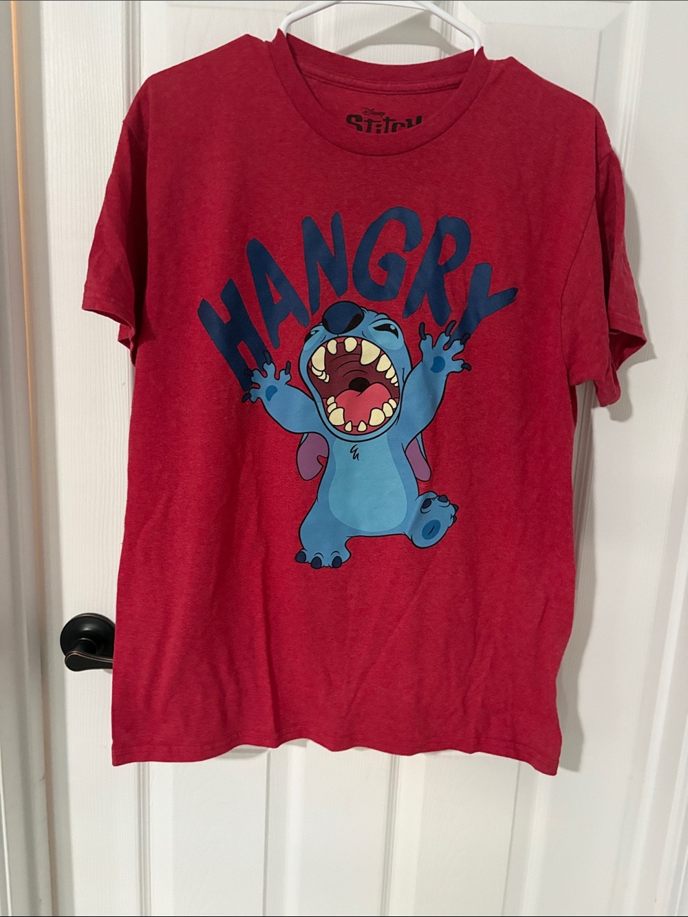 Disney Red Kids' Short Sleeve Tee with Blue Stitch 'HANGRY' Graphic